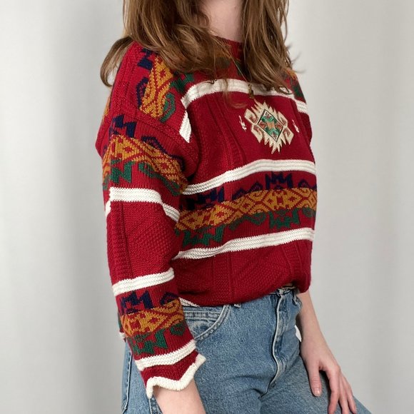 Stunning Vintage Oversized Western Bohemian Aztec Southwestern Boho Knit Sweater - Picture 5 of 9